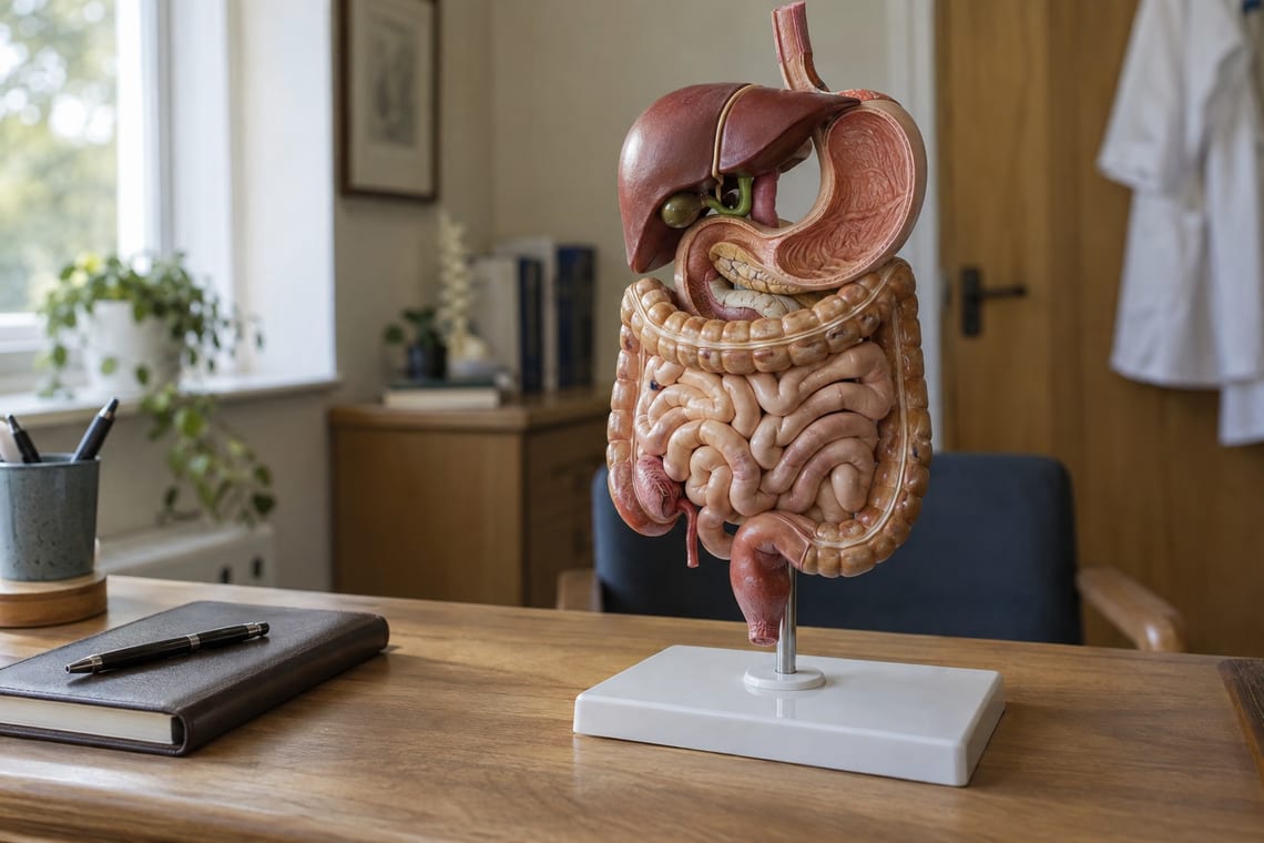 An anatomical model of the human digestive system on a clinician's desk