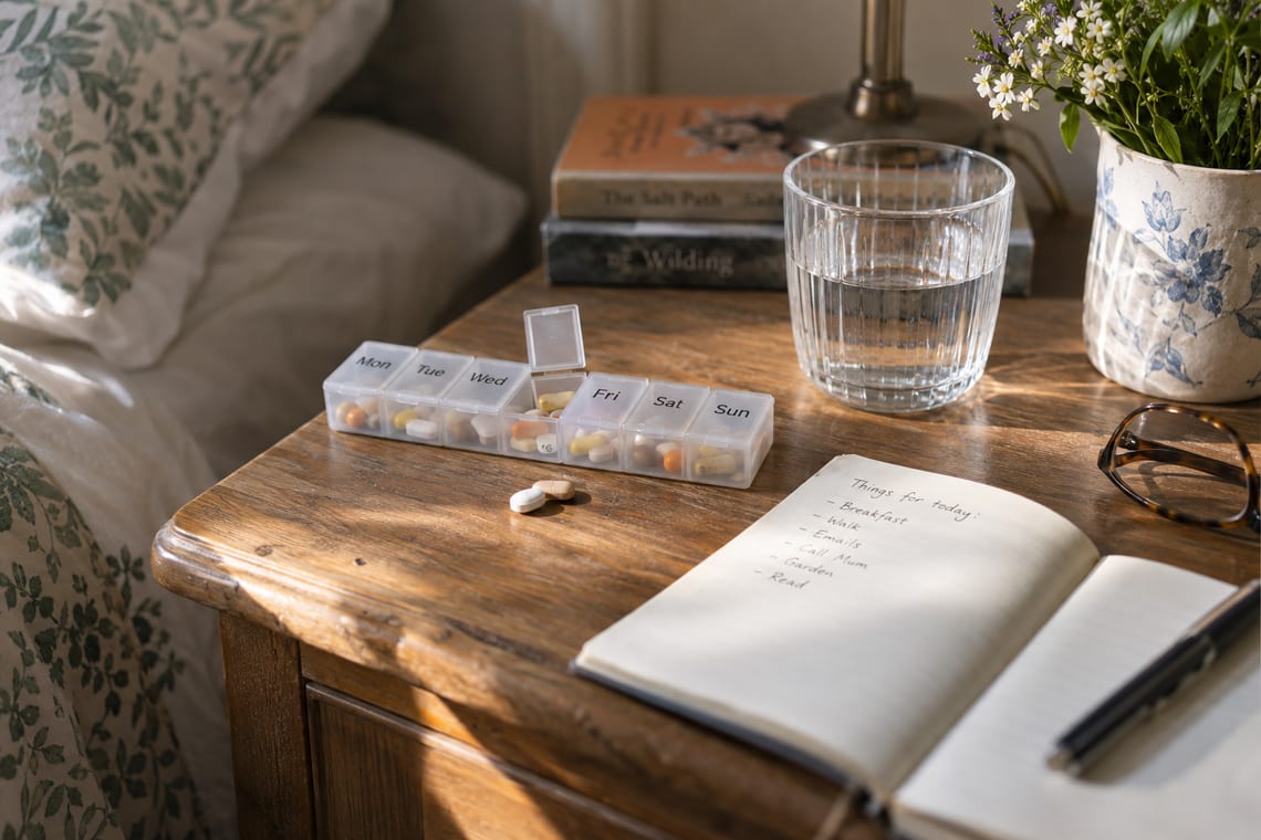 A weekly pill organiser and a notebook on a bedside table in morning light